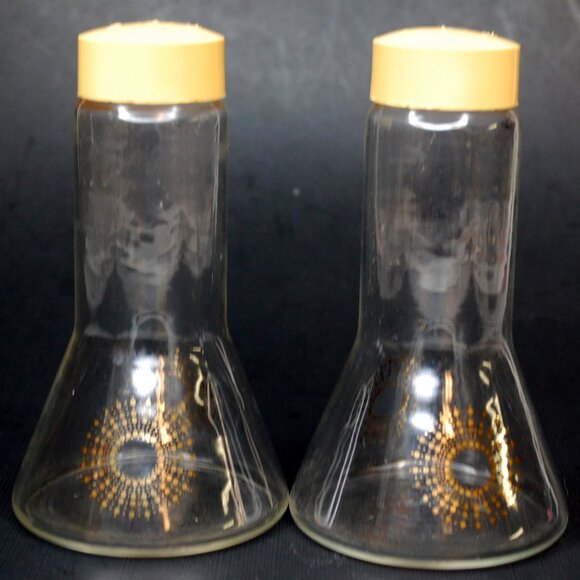 Salt & Pepper Sunburst Vintage Pyrex Atomic Clear Glass Shakers Gold MCM - Picture 1 of 7